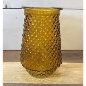 VTG AMBER GLASS VASE Diamond Cut Flared 8”x5” Sunburst Amber